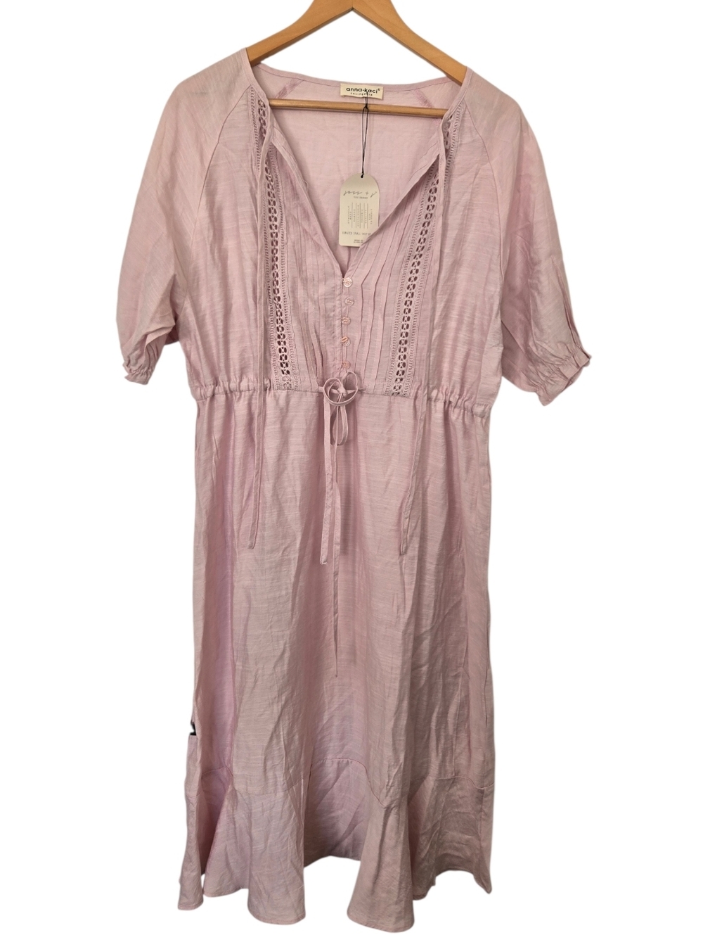 Anna-Kaci Pink Boho Midi Dress Tie Waist Lace Detail Cottagecore Size Medium NWT